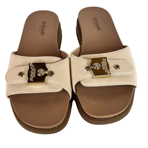 New Dr. Scholl's Island Icon Cream Tan Sole Slide Sandals Gold Buckle Women's 6
